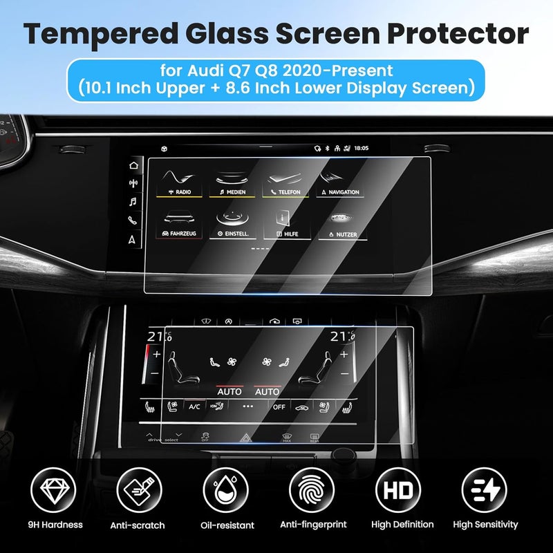 Canvcle 2PCS Screen Protector for 2019-2025 2026 Audi Q7 Q8 10.1 Inch Upper and 8.6 Inch Lower Touch Screen, Tempered Glass Navigation Display Screen Cover Infotainment Protective Film - Image 2